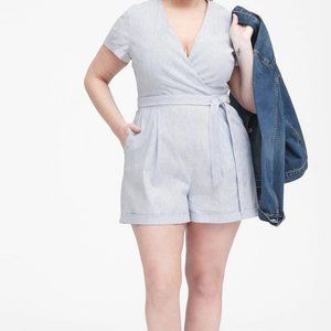 NEW- Blue/White Striped 55% Linen Blend Belted Romper Dress with pockets 10 TALL
